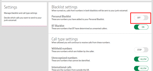 Update Personal Blacklist settings