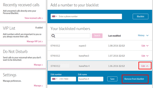 Remove number from personal blacklist