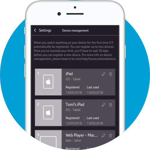 Device management screen on a mobile phone