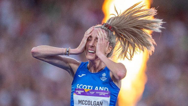 Eilish McColgan celebrates after winning Commonwealth Games 10,000m gold in Birmingham in August