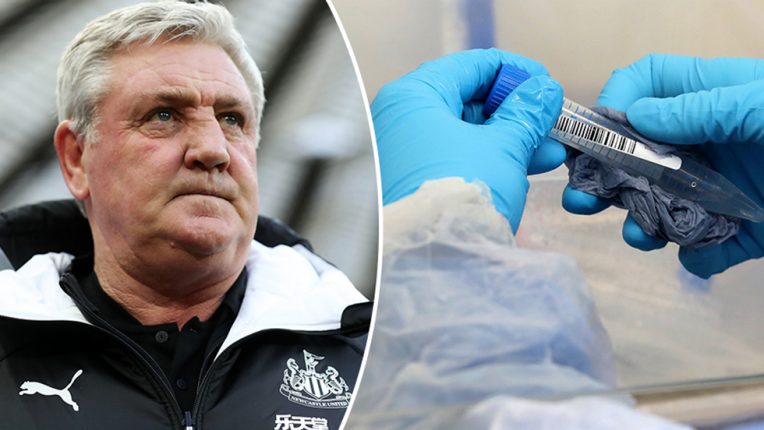 Newcastle manager Steve Bruce and a coronavirus testing kit
