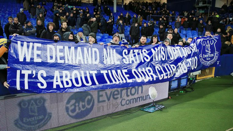 Everton fans protesting against the board at Goodison Park