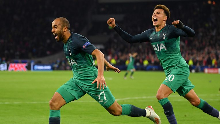 Lucas Moura celebrates his Tottenham winner against Ajax in the Champions League