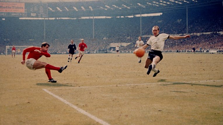Geoff Hurst scores England's third goal in the 1966 World Cup final