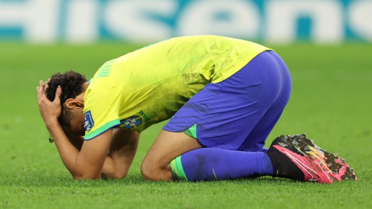 Marquinhos reacts after missing the decisive penalty in the shootout