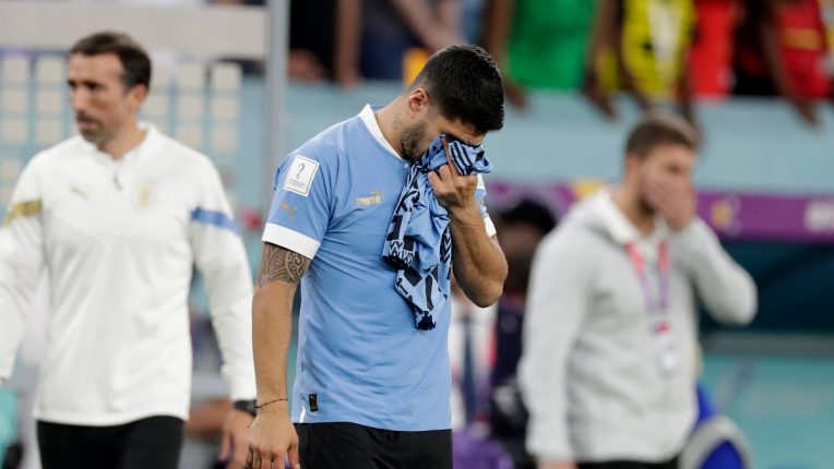 An emotional Luis Suarez reacts Uruguay exit the World Cup