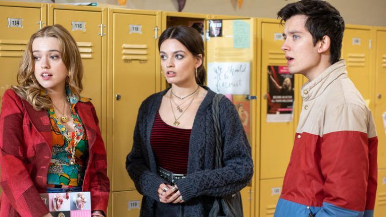 Aimee, Maeve and Otis, played by Aimee Lou Wood, Emma Mackey and Asa Butterfield in Sex Education season 2