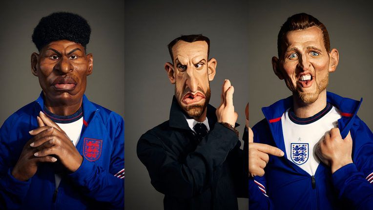 Spitting Image puppets of Marcus Rashford, Gareth Southgate and Harry Kane