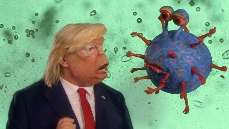 Donald Trump fighting Covid-19 in Spitting Image