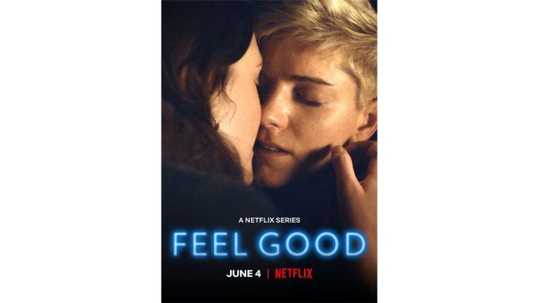 The key artwork for Feel Good season 2 on Netflix with George and Mae close to kissing