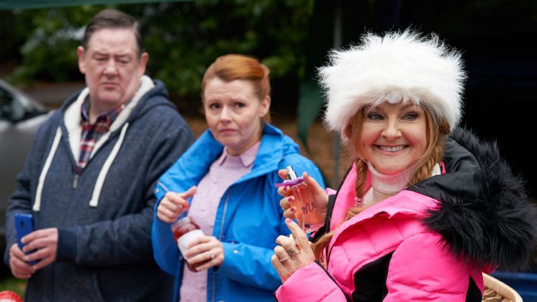 Sarah Hadland with Sian Gibson and Johnny Vegas in Murder, They Hope