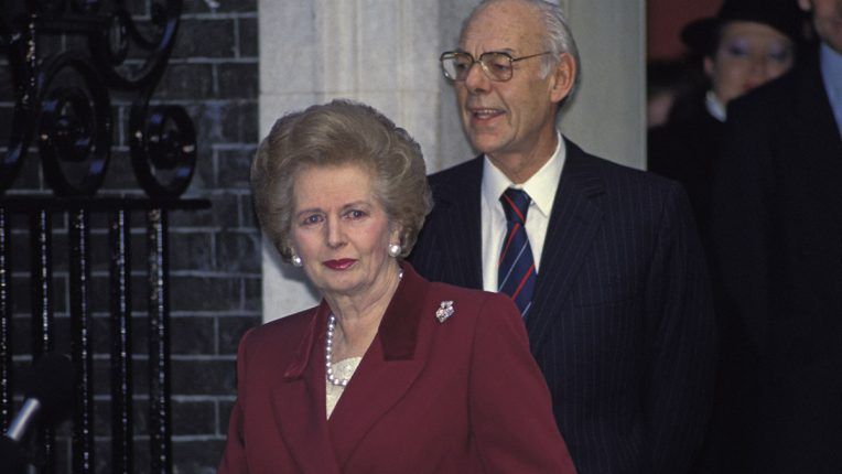 Margaret Thatcher and her husband Denis leave No.10 for the last time