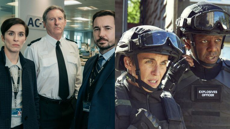 Adrian Dunbar, Vicky McClure and Martin Compston in Line of Duty, next to Vicky McClure and Adrian Lester in Trigger Point