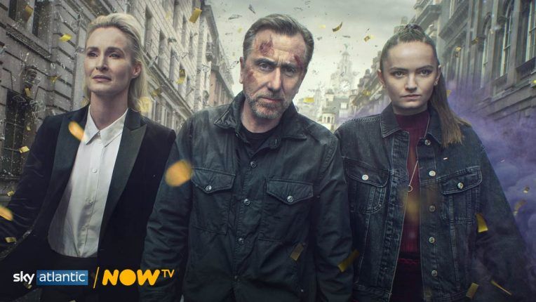 Tim Roth, Genevieve O’Reilly and Abigail Lawrie  pose for Tin Star: Liverpool