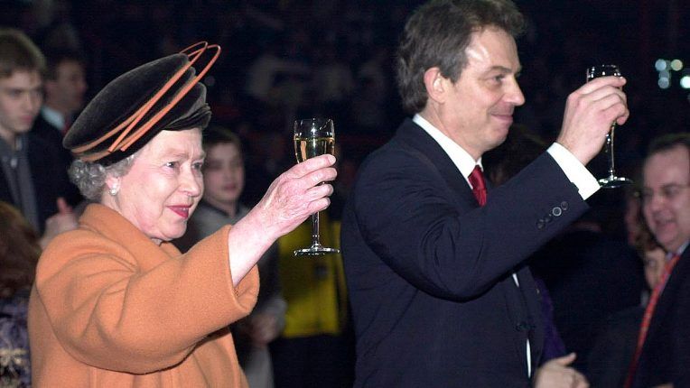 Queen Elizabeth II and Tony Blair at the Millennium Dome in 2000
