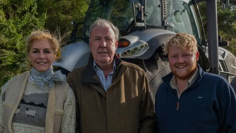 Jeremy Clarkson, Lisa Hogan and Kaleb Cooper filming Clarkson's Farm season 3