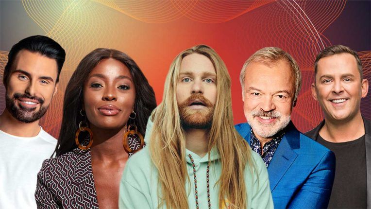 The 2022 UK Eurovision act Sam Ryder and the UK presenters, including Graham Norton and Rylan Clark.