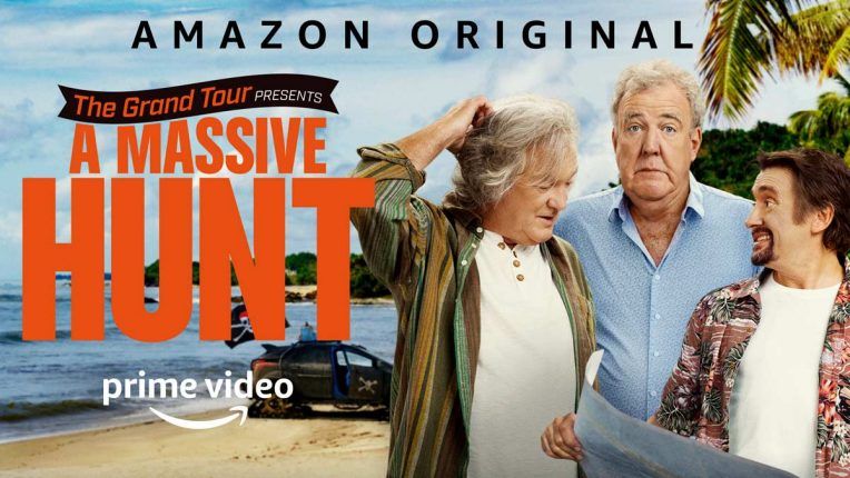 Jeremy Clarkson, Richard Hammond and James May pose for The Grand Tour: A Massive Hunt special
