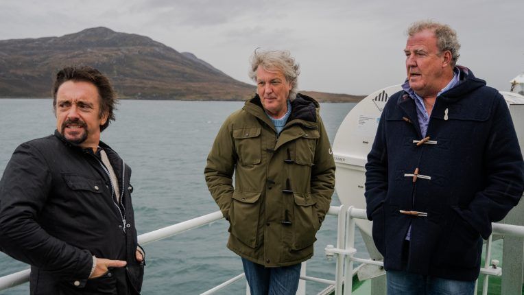 Richard Hammond, James May and Jeremy Clarkson on a boat for the Grand Tour Scotland special Lochdown