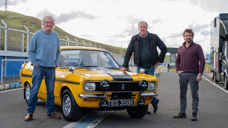James May, Jeremy Clarkson and Richard Hammond pose for The Grand Tour presents Lochdown Scotland special