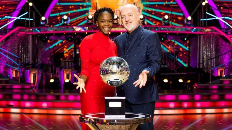 Oti Mabuse and Bill Bailey with the Strictly glitterball trophy