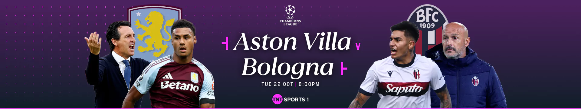 Aston Villa v Bologna 22 October at 8pm on TNT Sports 1